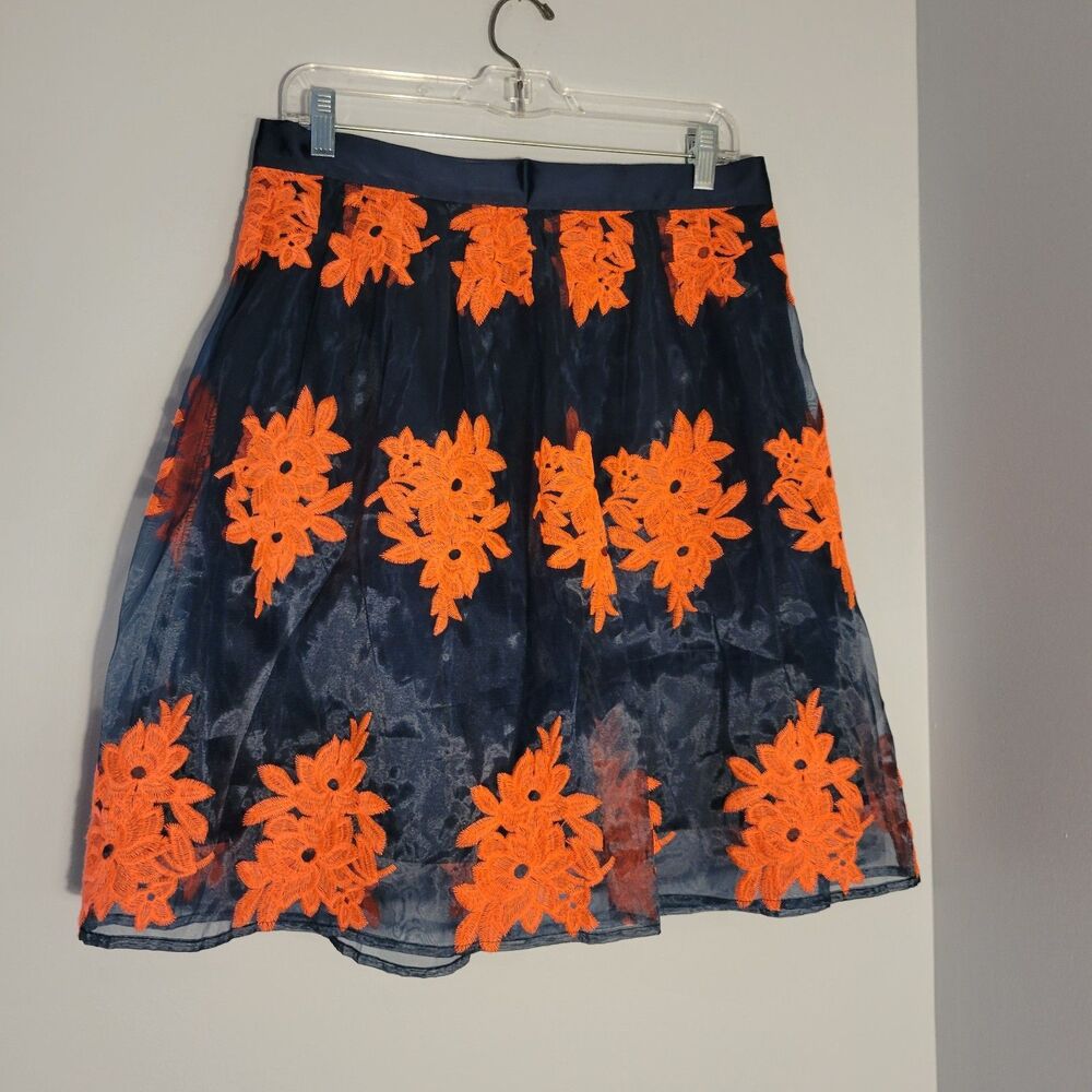 Black NWT "Maeve lookalike Athro-Pome Blossom" Skirt Blue w/Orange Embroidery -L